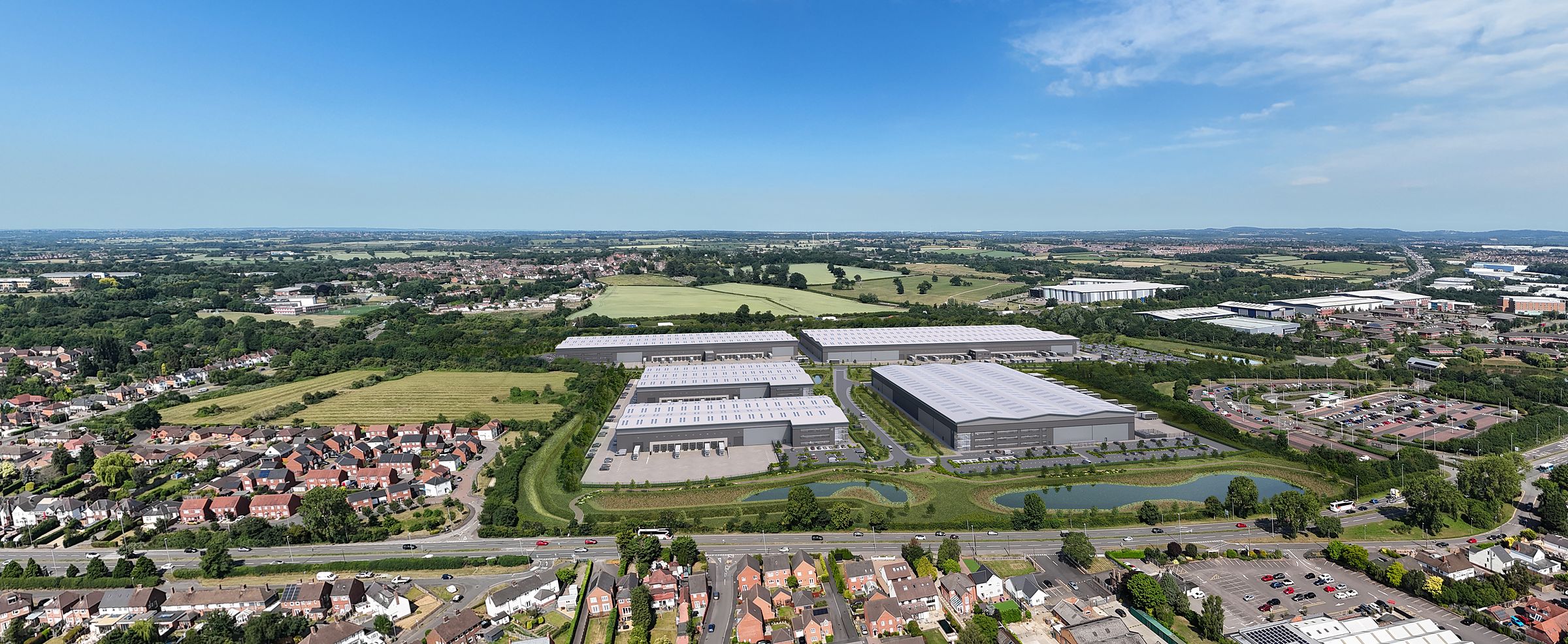 Wide aerial view of the Enderby scheme in its setting